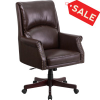 Flash Furniture BT-9025H-2-BN-GG High Back Pillow Back Brown Leather Executive Swivel Office Chair